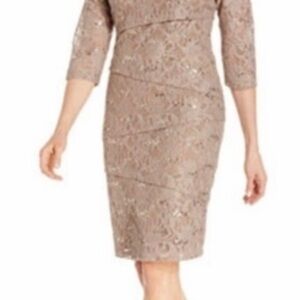 Mother of the Bride/Groom Taupe Lace Gold Sequin Dress EUC